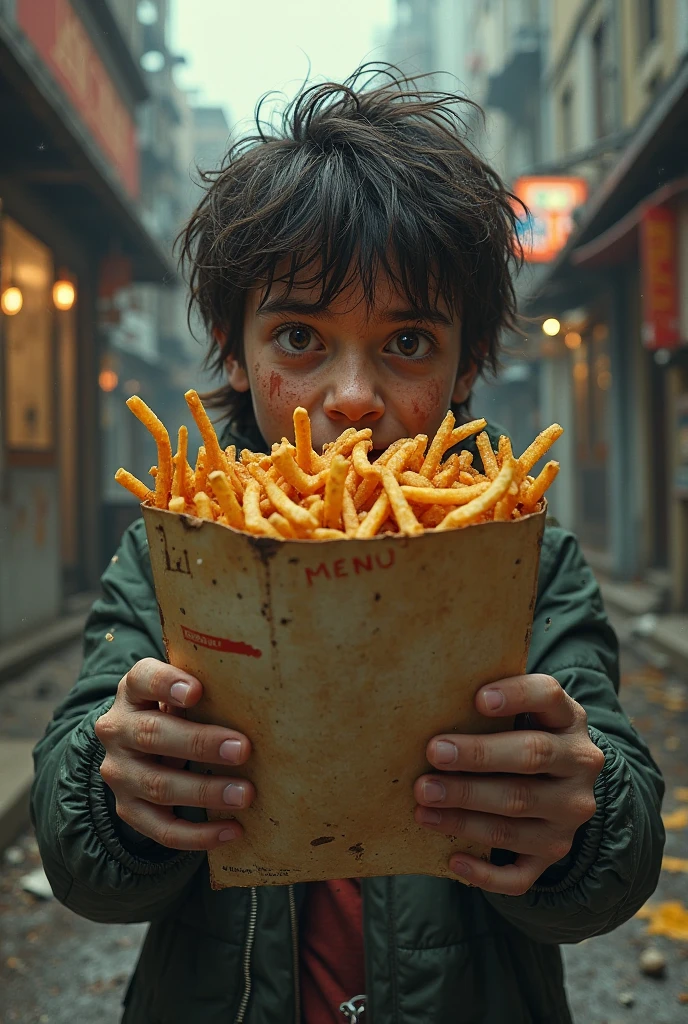 Cyberrealistic a child defends his plate containing fries, a minced steak and ketchup for cabbageman and carrotman