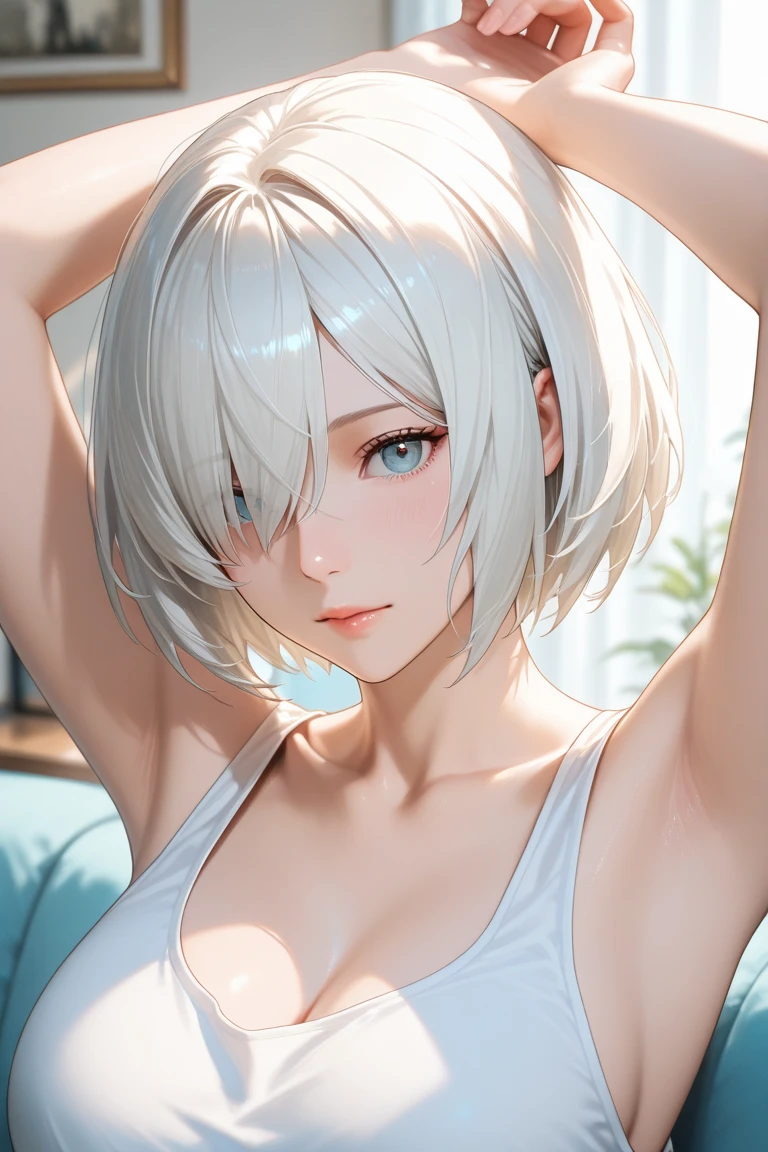 A woman with silver bob hair and blue eyes, she looks something, extremely detailed and realistic, masterpiece quality, ultra-detailed, HDR, studio lighting, vivid colors, physically-based rendering, ((She is facing completely to the side)), she is bird watcher,