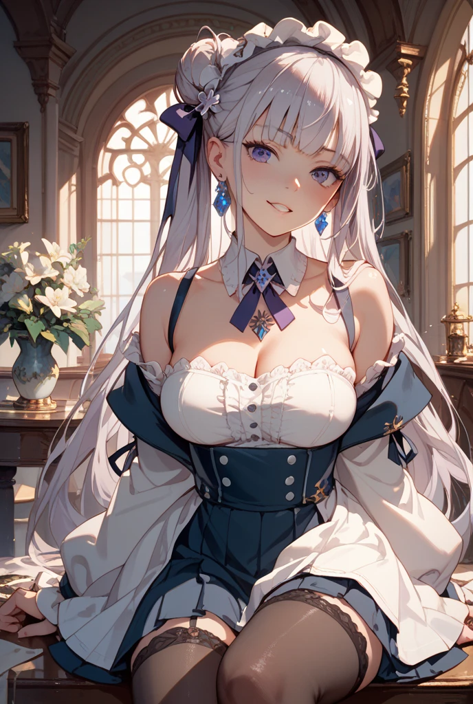 masterpiece, highest quality, Very detailed, 16k, Ultra-high resolution, Cowboy Shot, Detailed face, Perfect Fingers, 7-year-old girl, smile, Super big boobs, blue eyes, Silver Hair, Long Hair, victorian dress, Crimson Dress, royal palace, Dance Venues, Stand in the center