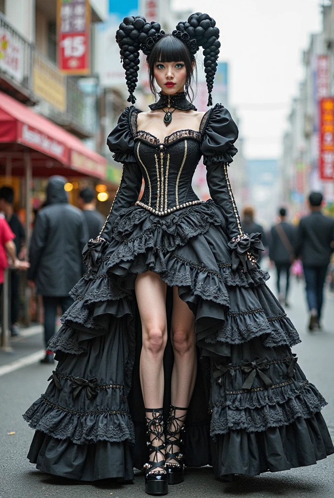 Best quality, masterpiece, ultra high res, (photorealistic:1.4), raw photo, award-winning full body shot of 2 gothic gals wearing a stylish new-gothic outfit in a New York street, purple corset, purple hair, cinematic, natural light