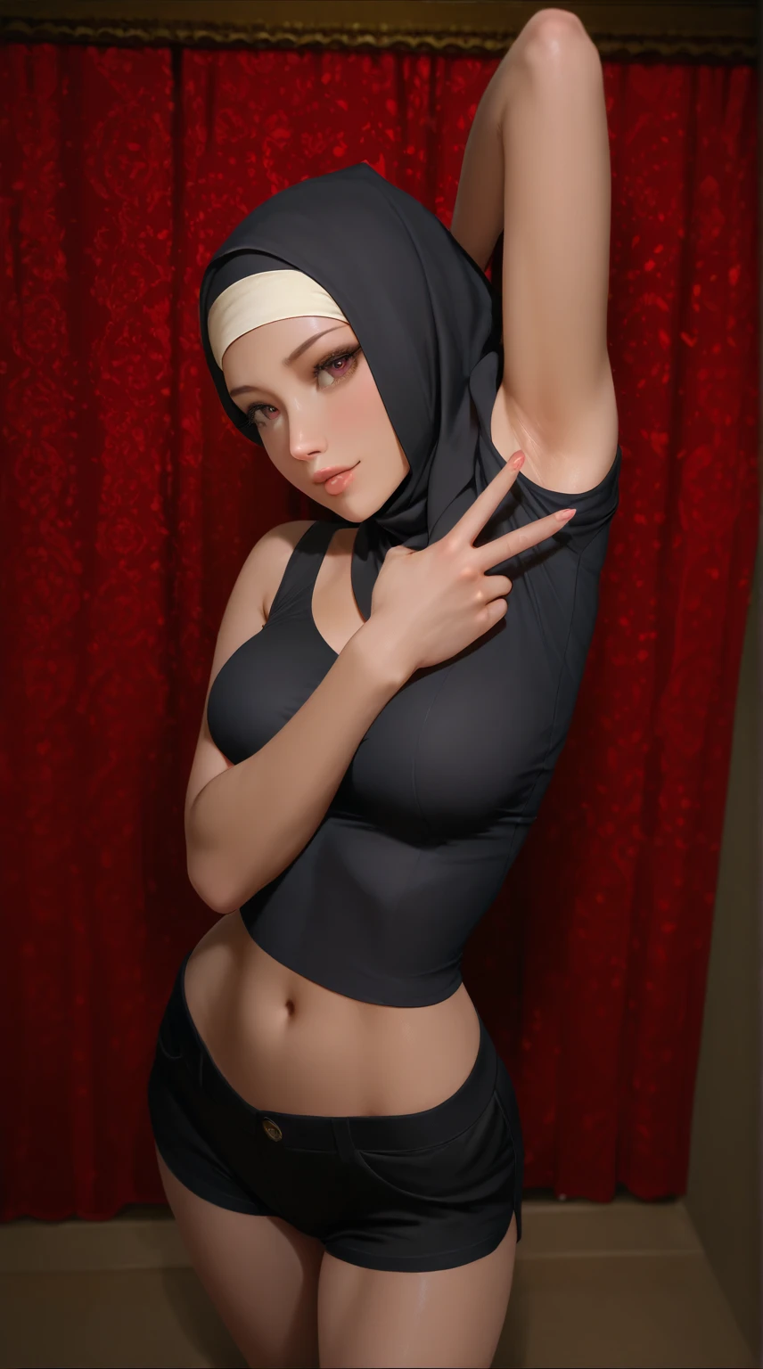 8K, Top Quality, Intricate Details, Ultra Detail, Ultra High Resolution, Masterpiece, close up shot, (full body: 1.1), Slender, Smile, (Makeup: 0.4), ((,)), (Fluffy blue Eyes: 1.21), (()), 1girl, solo, 1 girl, ((cammy white, blonde hair, bangs, short hair, blue eyes, antena hair, abs, scar on cheeks )), close up shot, , ((tall)), (((fit body))), (((slim face))), sharp face, (( )) , (detailed face), sharp face, small lips, ((abaya,)), , ((abaya)), detailed face, detailed breast,((abaya)) , ((detailed nipples)), detail ass, Narrow Waist, Skinny, tall , 175 cm tall, Muscular, Navel, Exposed Abdomen, Pointed Chest,, Beautiful girl with accentuated slender abs: 1.4, Six Pack Abs: 1.4, Bust Botox, Big, Perfect Body, detail leg, (( dark background)), black background,