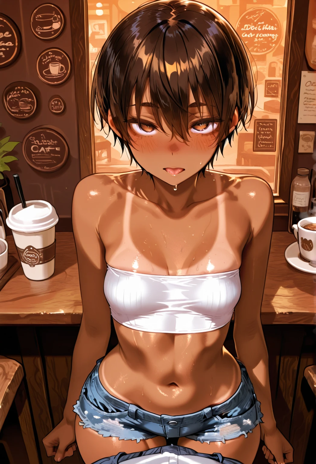 (masterpiece, highest quality, ultra high res, ultra detailed:1.3), 1 cute girl, ideal ratio body proportions, (dark-skinned Asian girl), gyaru, (yellow baggy tank top, green mini skirt:1.2), (showing off panties, white panties, lifting the skirt by self:1.4), cameltoe, shy look, (tank top covered nipples:1.3), in cute room, (dark skin, tanned skin:1.4),