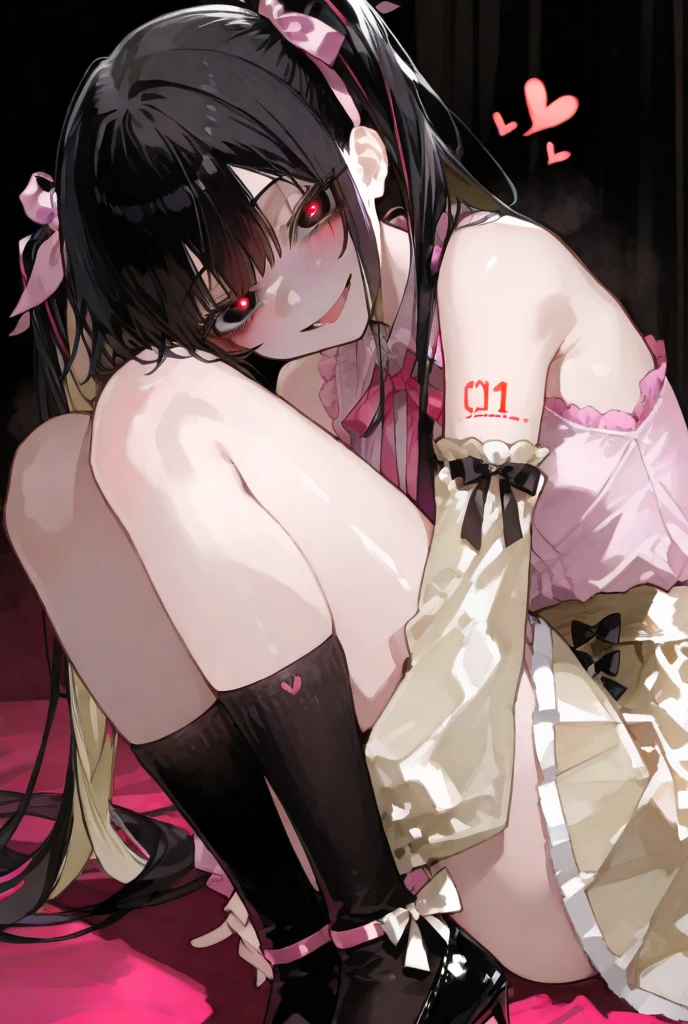 Tie your hands with a rope,Place your hands under your chin,inger to mouth,lick,open mouth,tongue out,cum on tongue,1girl,(((((12-year-old girl))))),(((((Short,))))),slender,small breasts ,front face,from front,front view,looking at viewer, looking ahead,from above,cowboy shot,Black Hair,Twin tails,Gray Eyes,Drooping eyes,slit pupils,narrow eyes.Mischievous smile,Sheer black and dark pink negligee,Sexy Lingerie,Kneeling,Straight Stand,Collar with leash,Dimly lit room,On the bed,Simple Background,Gray background,Dim lighting,Beautiful and detailed anime art