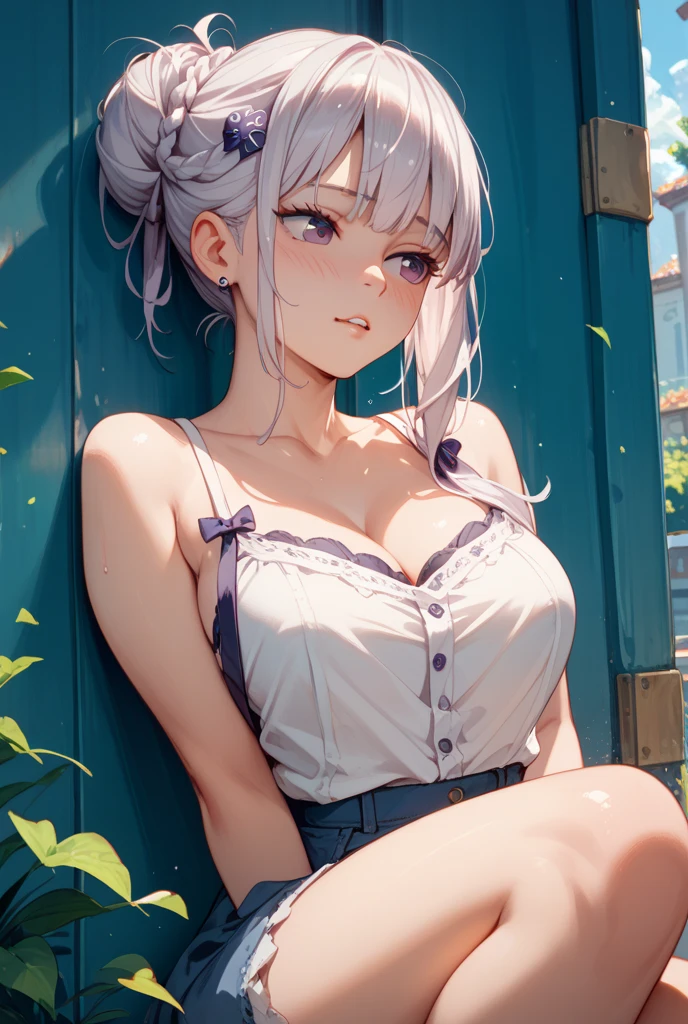 Delicate eyes，Long purple-gray hair，Super loose short sleeves，bath，blush，plump thighs，Look up，bend over，pant，Lace white fishnet stockings，shorts，Stand up straight，Childlike giant breasts