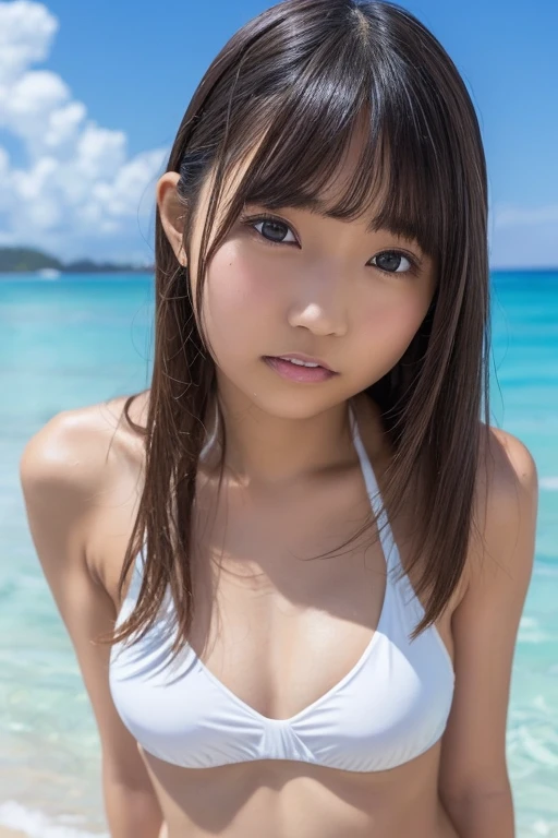 whole body、Full Shot、 girl、Big droopy eyes、Actress Class、Super cute、Japanese、white micro bikini、Small breasts、Realistic Skin、She sticks out her tongue and licks Muscat with a cute sad face、Hawaii beach、A cute little crying girl in the sunset view ((best quality)), She is wearing a white micro bikini with her arms raised to show off her sides.、((masterpiece)), ((detailed)), ((HD)), ((8k resolution))