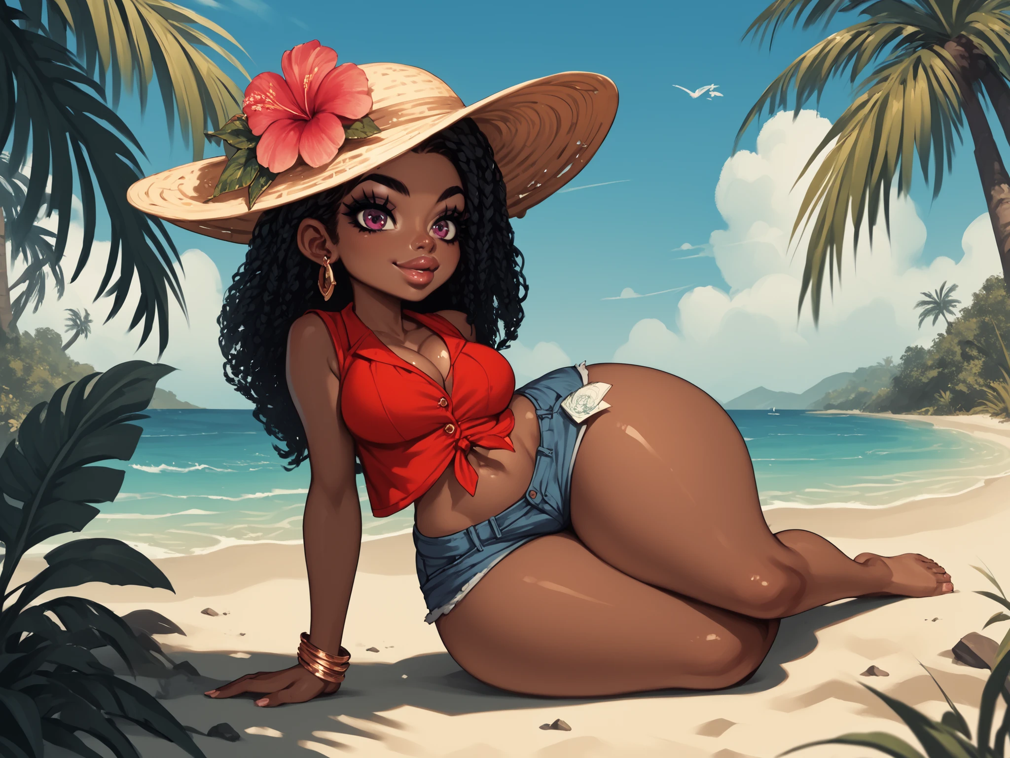 score_9, score_8_up, score_7_up, score_6_up, score_5_up, score_4_up, (source_anime), 1girl, breasts, big lips, black skin, beautiful face, black hair, dark skin, brown skin, African woman, pomegranate, eyes, hyper ass, red vest, straw hat, Levi short shorts, tropical beach, short stack, tropical flower on hat, closed smile, drawing in book, rainbow slime