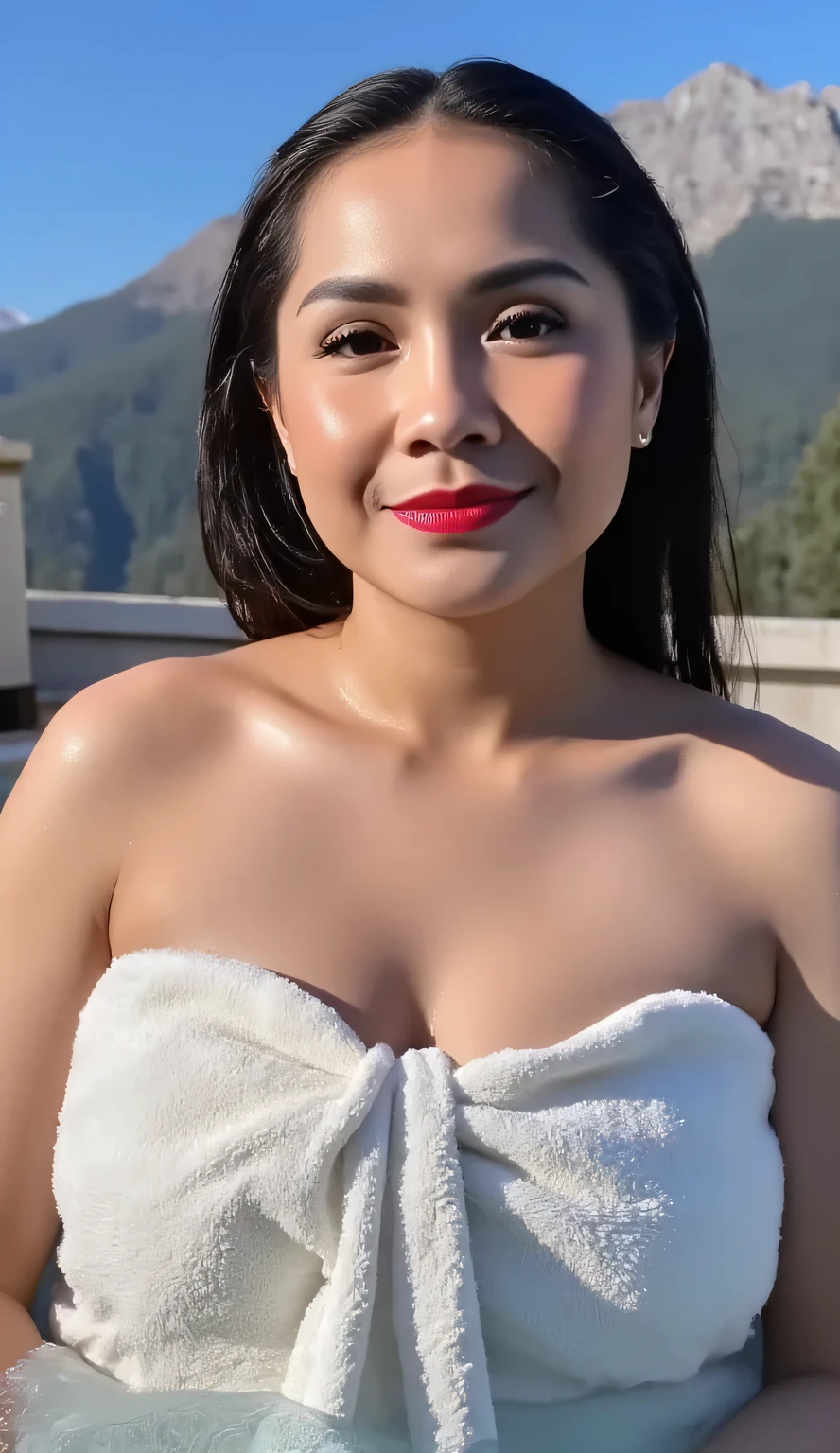 a woman, being in an outdoor hot tub, taking a dip in a hot bath, body soaked in a hot bath,  Mountain Look With Bright Blue Sky, shirt looks full body, body facing front, eyes looking at camera , wrapped in wet towel, big  size G-cup, thick red lips, beautiful smiling face, long black hair, 