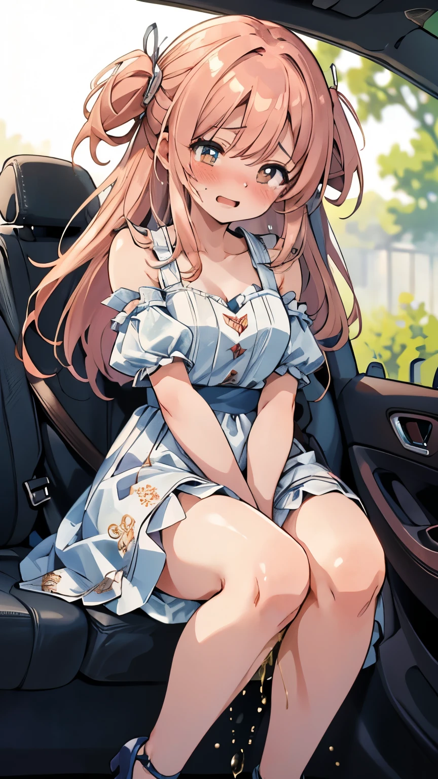 (SIGMA 200 mm F/1.8, 1/1000 sec shutter, award-winning photo), (beautiful medium breasts, shiny skin), (have to pee-pee:1.1), (Disheveled hair), (The expression of someone desperately trying to hold in her pee-pee:1.1), (She needs to pee-pee so badly:1.1), (She sitting in the car), (Panting:1.1), (Full face blush:1.3), Squinting, (pee-pee dance), (Constricted Pupils:1.1), (Impatience:1.1), (flustered:1.3), Her whole frame looked tense and frozen, legs crossing, arms stiff, her whole posture unnaturally tight, She stood like someone trying not to break under pressure, (She keeps frantically clutching herself crotch:1.2), (wearing peasant Dress, Pumps:1.3), (wide shot), (8K, ultra-detailed, best quality, ultra-detailed face, anatomically perfect figure, extremely detailed glamorous curvy body girl), (side view:0.6), nsfw,
