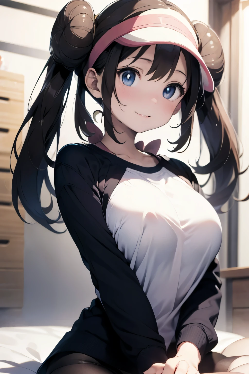 visor cap, pantyhose,, shirt, ,Pokémon、May、pale pink lighting, from below, Look down, tilt your neck, A smile like a goddess, , beautiful mature woman, shorthair、dark haired, Braided,、Exquisite Eyes, beautiful shiny lips, upper body,  on the bed, cute vibe, nasty vibe
(top quality,4K,8k,high resolution,masterpiece:1.2),Super Detailed,Complicated Details, high fashion, dramatic lighting, Warm colors、promiscuous、、Temptation、Bewitching、crack、soft skin、catのようなポーズ、pets、（（cat））、（（provocative））、((Pokémonボール)),Pokémon、（（shy look））、（（（Ride Position）））、Beautiful Breasts