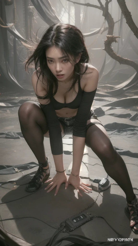 A girl desperately needs to relieve herself、very beautiful、Ideal proportions、In the elevator、An illustration、High resolution、Super detailed、Bright colors、Strong lighting、Squat with your legs wide apart、Anguished expression、Close-up、