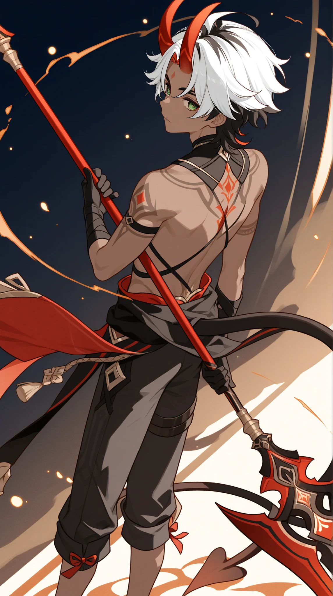 A shirtless man with a long black cloth wrapped around his waist is standing in the room., Muscular back,Walking backwards、one person、In the Dark、 Very muscular,Cool back、 Back pose, Sporty physique, Long shot from behind, attractive Sporty physique, Long shot from behind, Lean and muscular build, perfect and proportioned body,Mid shot of a handsome man, Male Model、Long black hair、Hair blowing in the wind、White skin、Amazing character illustrations