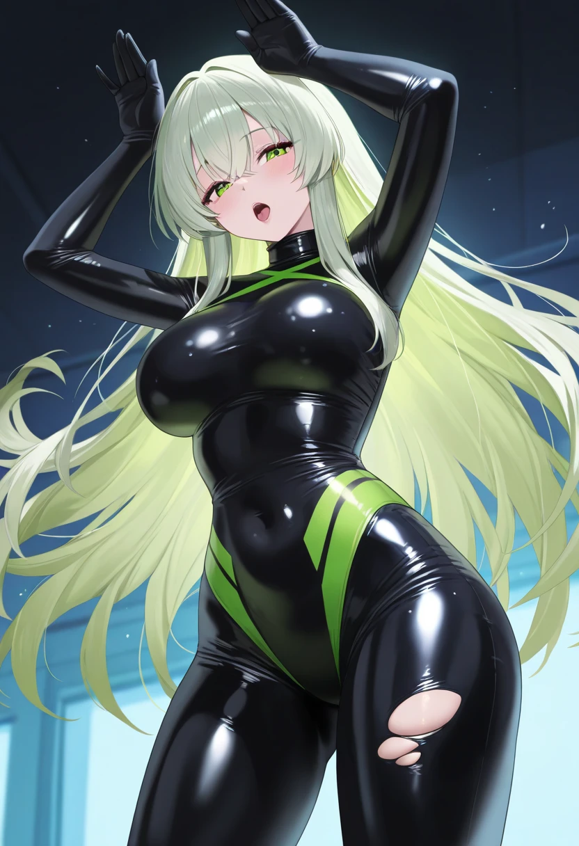 9 feet tall Alien Women, Wide Hips and Busty/Medium Chest, Formal Tight Form Fitting Futuristic Black Suit,White Skin, Attractive, Leaning over looking down, Slightly Amused, Green Hair, Alien Uniform