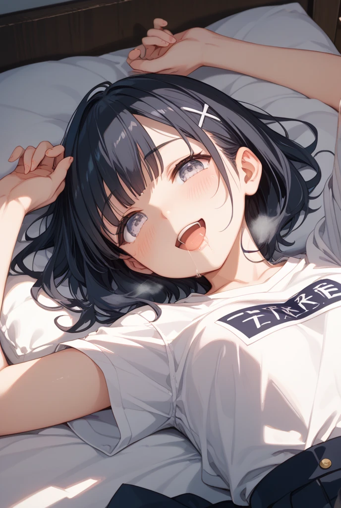 (masterpiece, Highest quality), White bedroom, 1 person, , , , (T-Shirts, Children's printed panties), Denim skirt, Lying in bed, smile, fun, Wide-angle, Soft Light, Best Shadow, watercolor,Large Breasts