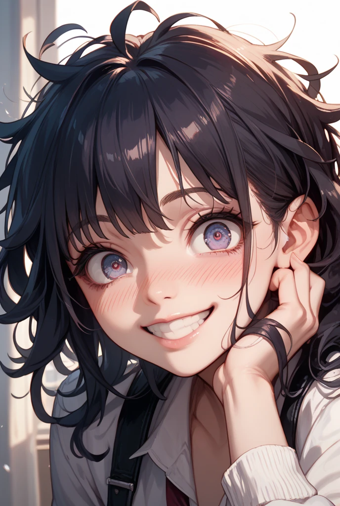 side view,looking ahead,from above,upper body,open mouth,tongue out,cum on tongue,lick,(1girl,Beautiful 16 year old girl),((Slender,Small breasts,Baby Face,Small face,)),looking at viewer,Black Hair,bangs,two side up,Gray Eyes,Drooping eyes,slit pupils,narrow eyes,collarbone,White sweater mini dress,bare shoulder,Beautiful and detailed anime art,Mischievous smile,Dimly lit room,Simple Background,Gray background,Low lighting