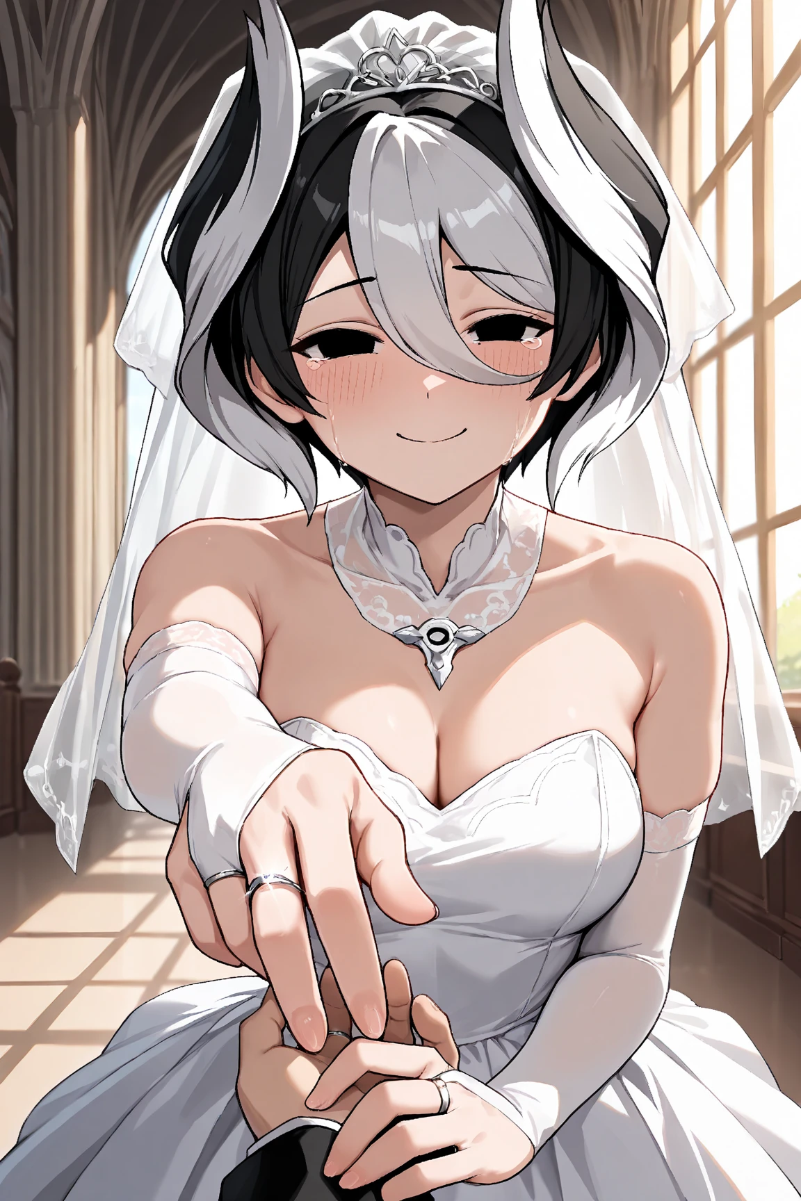 1girl, solo, short hair, white hair, purple eyes, hair ribbon, earrings, wedding dress, bridal gauntlets, closed eyes, smile, open mouth, indoors, church, upper body, head tilt, anime screencap <lora:Snow_White:1>, score_9, score_8_up, score_7_up, score_6_up, score_5_up, score_4_up, BREAK source_anime, masterpiece