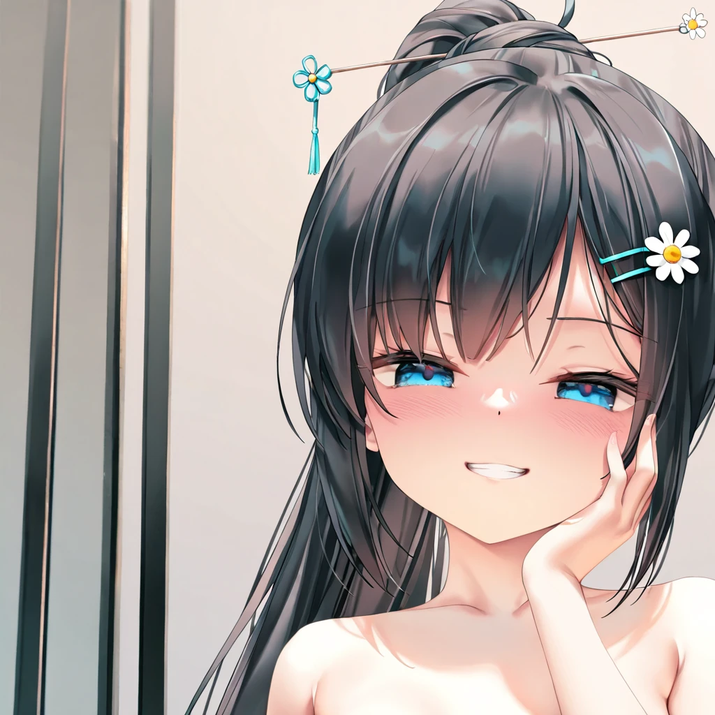 masterpiece,best quality,artist:wlop,1girl,solo,slim legs,straight hair,braided bun,purple eyes,long hair,black hair,hair ornament,twintails,leg tattoo,narrow crotch,skinny,butterfly,flower,tassel,ribbon,colorful,white background,frills,fingernails,nipples,pussy,upper body,petite,bow-shaped hair,kemonomimi mode,looking at viewer,selfie,