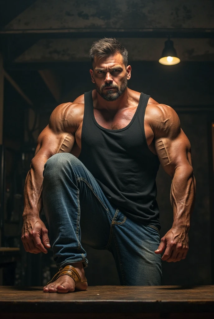 49 years old,Muscular man in northern China,Height 195,standing on your feet,spread their legs,Super big eyes,Mighty,Black color hair。Big back,musculature,Gray pants,Tall riding boots,King of Fighters belt。Mature appearance、wholesome、Confident muscular man,Horsewhip in hand。