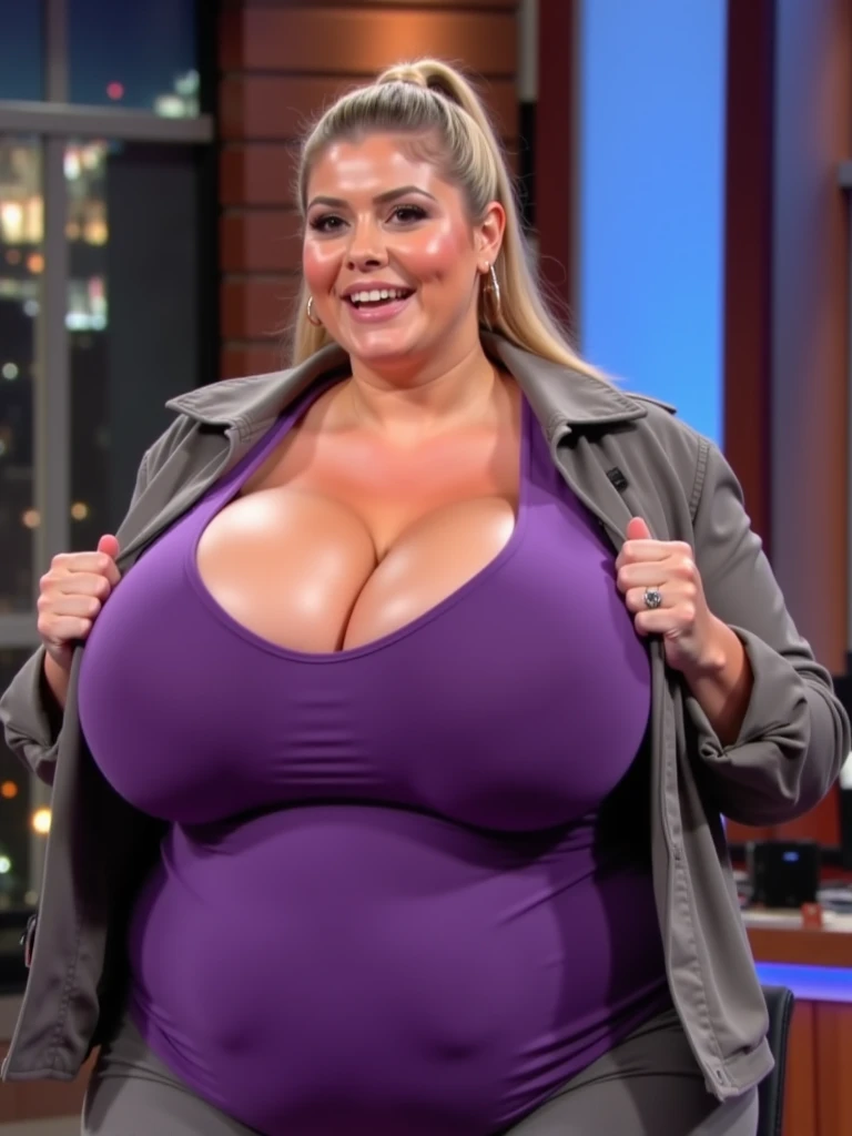4k, 1 bunny girl mature, japanese, 45 years old, nsfw, topless, looking at viewer, shoot from front, full body standing, arm behind back, Obese, Plump, bombshell, Enormous Breasts, Sagging breasts, gigantic breasts, puffy nipple, miky dark areola, large areola, Pubic hair, Overweight Body, Bulky legs, Wide waist, Flabby, Postpartum, long hair, shibuya ganguro, yamanba make up, pink bunny ear, pink fundoshi, areolas slip from costume, necklace, in crowd bunnygirl contest