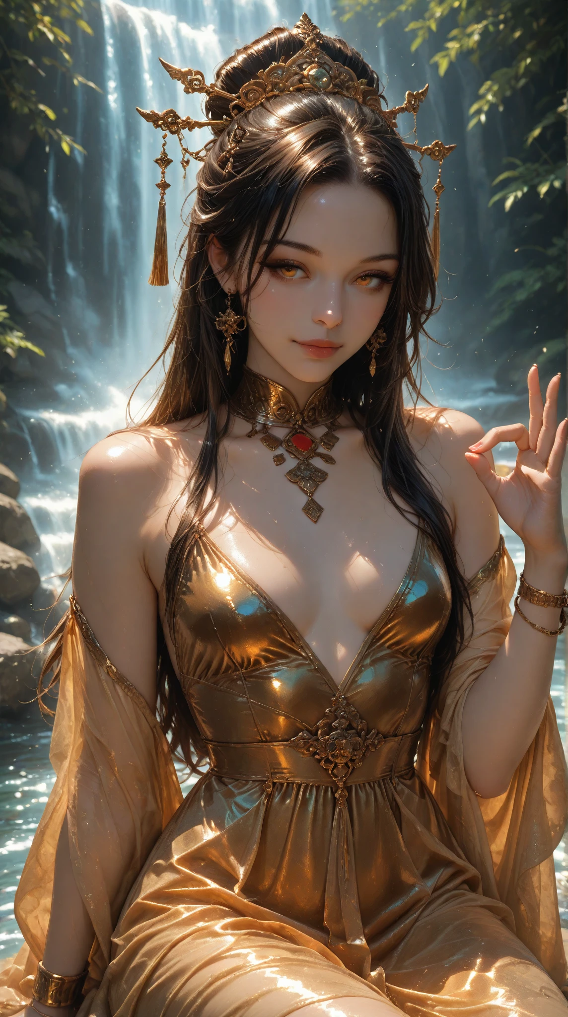 "Moonlit priestess, tropical oasis, magical pond, nocturnal mysteries, ethereal enchantment"