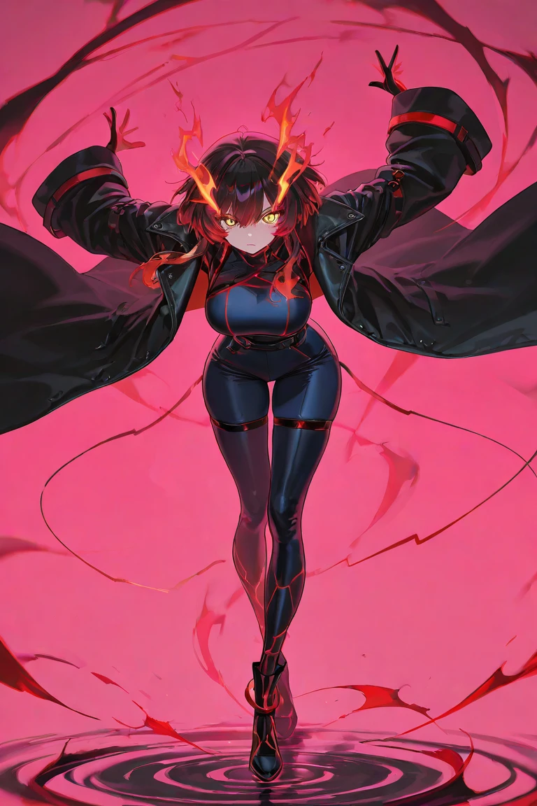 Masterpiece, Best quality, 1girll, Large breasts, Amazon, Red hair, Ruby eyes, ((Arrogant)), Expressive clothes, Long jacket, ((mohawk)), Boring, Looking at you, voluminetric lighting, full body in frame, Muscular female, Thighs, coalescence, Multicolored eyes, multicolored hair, Glowing eyes, Bright pupils, Glowing, Aura, energy, Beam, Flying debris, Floating hair, Beautiful eyes, Detailed eyes, rage, gravity, Background shaking, Objects crushed by gravity, Come to you