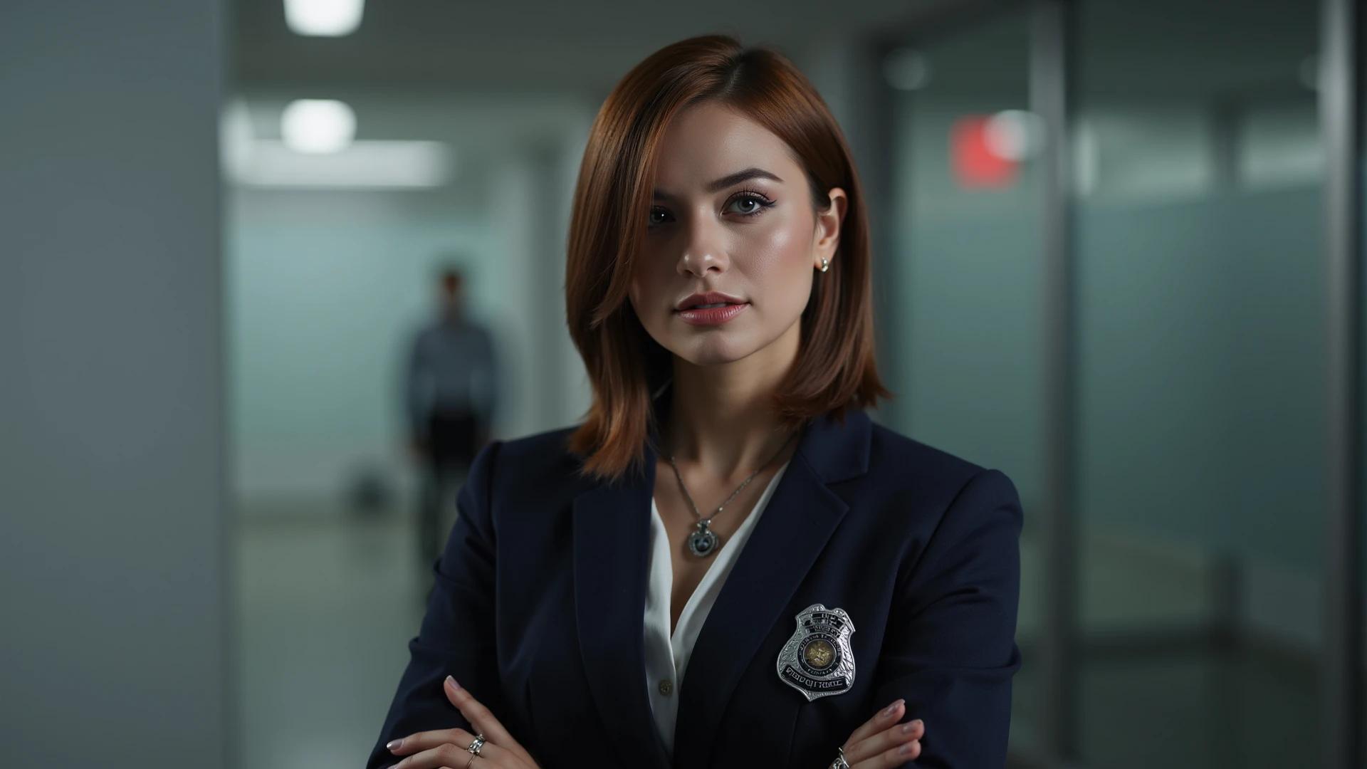 highly detailed front view photo, natural woman, high quality photo, perfect details and textures, perfect composition, perfect lighting, <lora:xxalyhan-16:1> policewoman xxalyhan holding a gun, redhead, messy short hair, perfect eyes <lora:more_details:0.5>