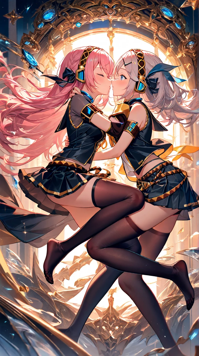Anime - style illustration of two women kissing in nightclub, Lens flare, Very detailed, art gelm, WLOPとSakimi-chan, Range Murata and art gelm, nixeu and sakimichan, Sakimi-chan&frank franzzeta, Guviz style artwork, kissing together, kiss, french kiss, tongue kiss, 8k high quality detailed art, Huge , blush, Underbust, abdomen, In frame from waist up, Saliva threads, Drooling, Facing each other, Skin Dentition(Curvy:1.4), (Slut: 1.3), (Standard waist: 1.2), (Thick lips: 1.3), Small Nose, (A light smile: 1.2), (Blush with embarrassment:1.4), heart paste, paste, Covered nipples, パスティーズHeart Def, Heart Def, Thigh-high socks
