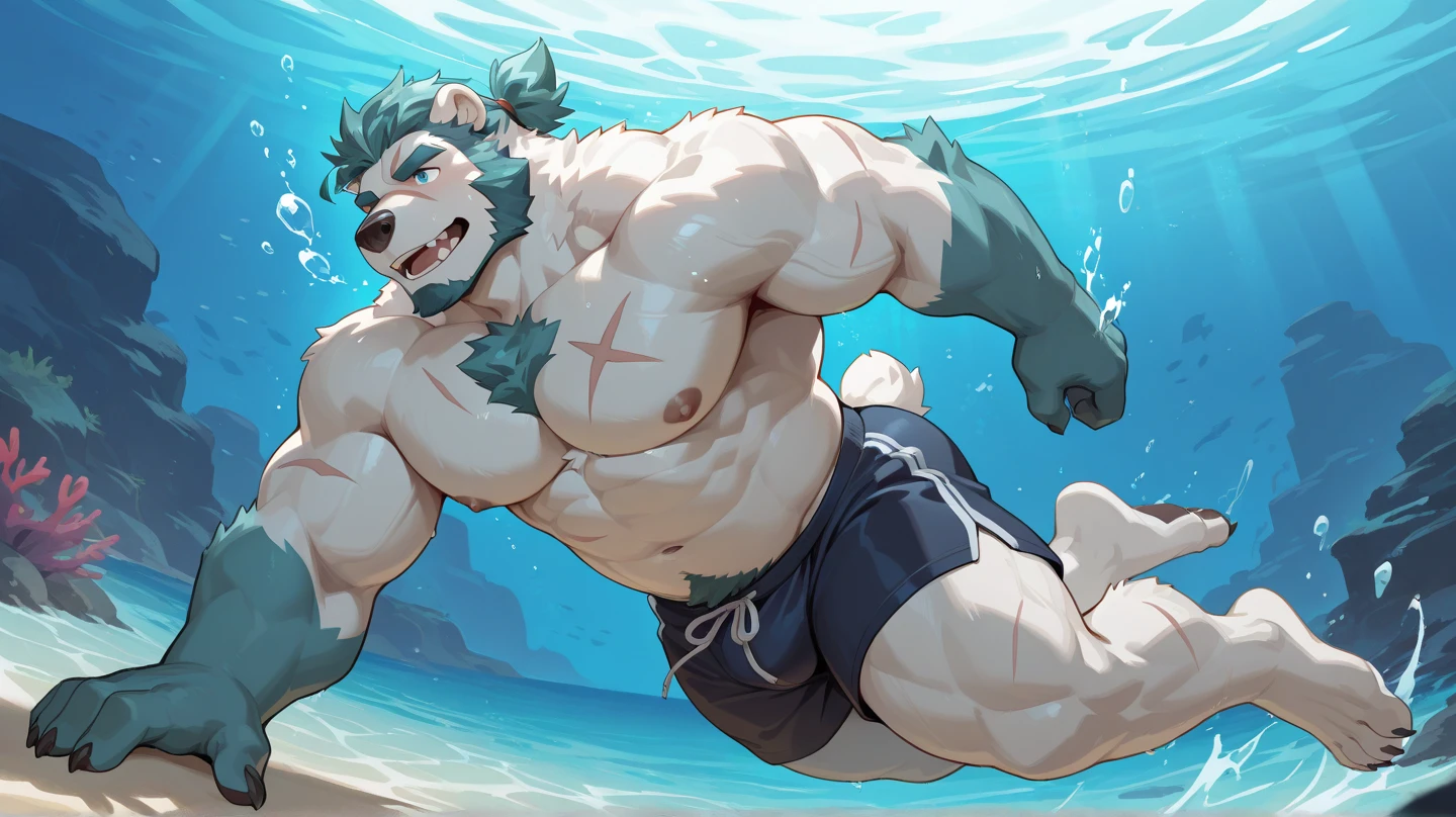 a huge muscular furry Grizzly bear old man swimming in sea, huge shoulder muscle , shirtless, muscle, strong man, strong bear, huge muscle, short hair, bearded, white hair and beard, massive body, black swim trunks, thick heavy brown fur, wrinkles skinned, strong muscle, strong and intimidated, masterpiece, muscular, five fingers, commission for high res, male, fantasy art, very very beautiful art, art painting , painting art