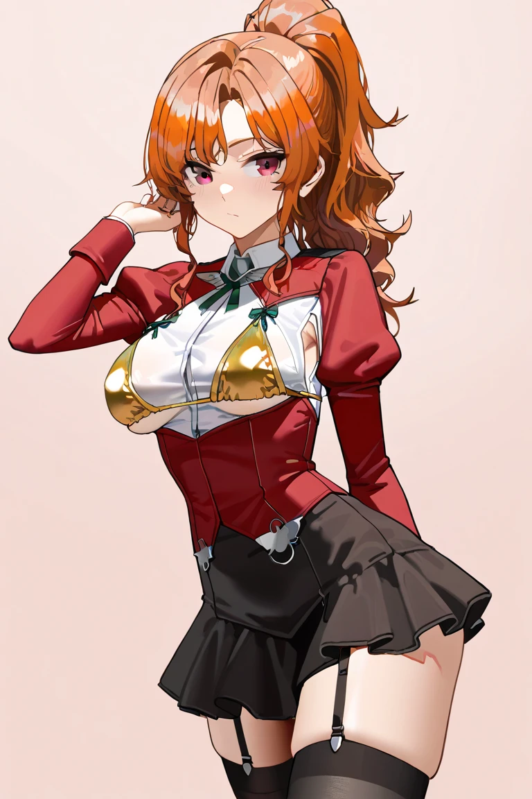  <lora:malty_melromarc:0.8>, medium breastsbikini, plaid skirt, collar,  top only, tied shirt, red hair, beautiful face, green eyes, smile, closed mouth, salute, (masterpiece:1.2), best quality, absurdres, highres, extremely detailed wallpaper, perfect lighting, cowboy shot, hand on hip,