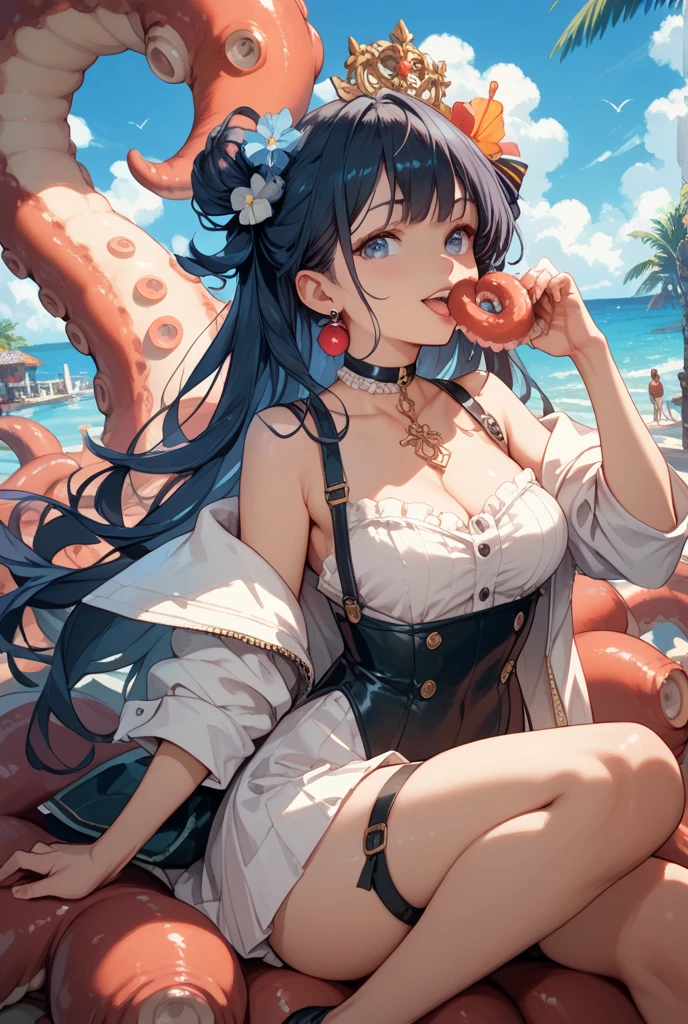 Eating Donuts, Evening Dresses, The background is a world of ice, cute, beautiful, she, cute顔:1.5, Petite:1.5, 15 years old, Long Hair:1.5, ponytail, Brown Hair, Small breasts, uhd, retina, masterpiece, ccurate, anatomically correct, textured skin, super detail, high details, high quality, best quality, highres, 4K