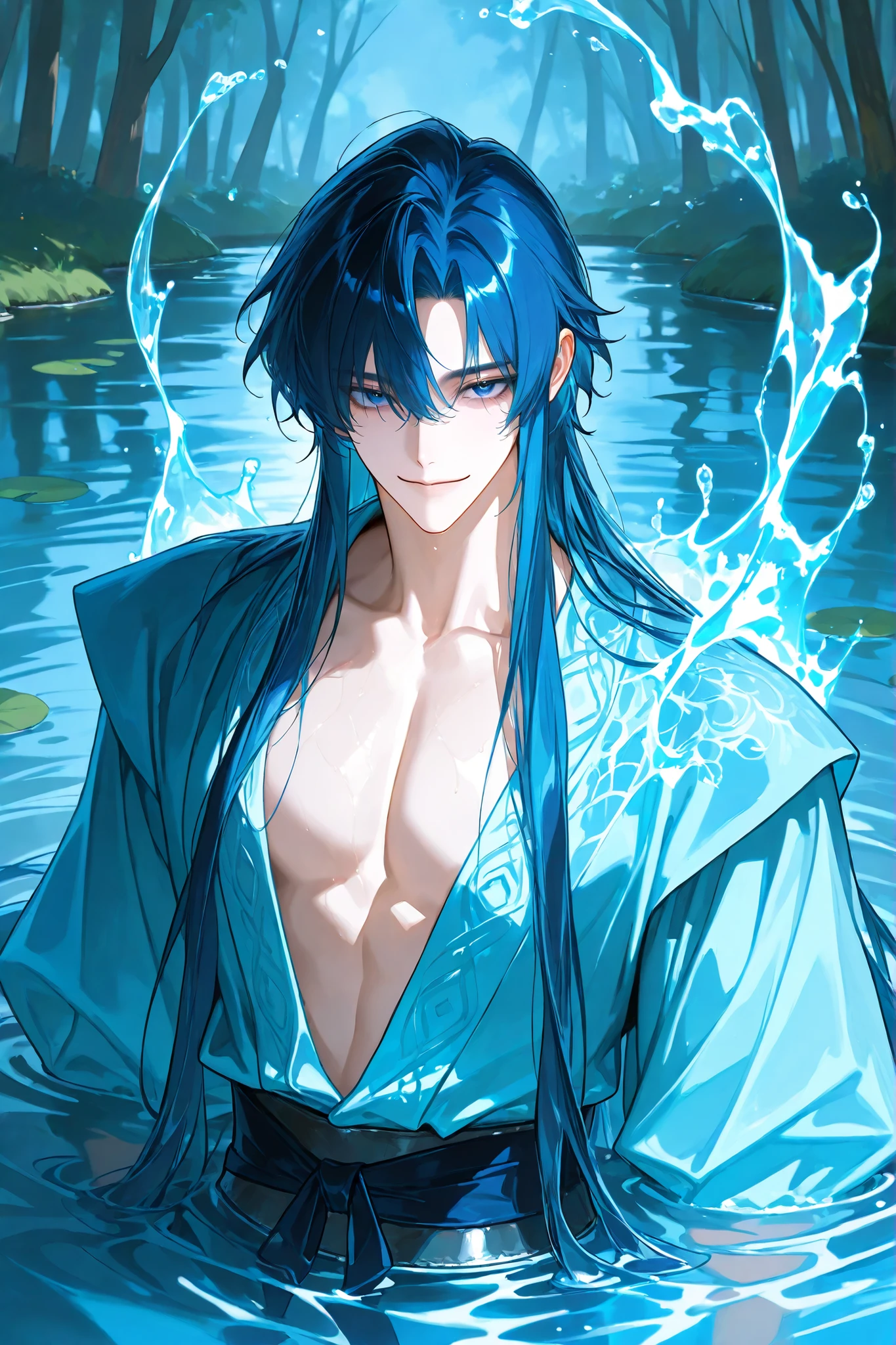 absurdres, highres, ultra detailed, HDR, master piece, Ulquiorra Cifer, black hair, expressive green eyes, pale skin, white clothes, toned chest, Bleach, sexy man, handsome, best quality, blossoms, pink petals, pink flowers, fantasy, magical, blue shining fireflies, solo, water, sensual,