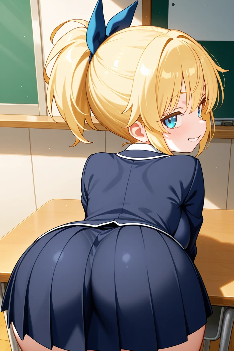 1girl solo, feminine and girly, white thighhigh, leaning forward, indoors, background, blush, long blonde hair, anus, detailed pussy, presenting pussy, blue ribbon, innocent and cute girl, the girl is about 11 years old, butt focus, after vaginal, (sweat), pussy juice, used condom, desk, loose pussy, big butt,