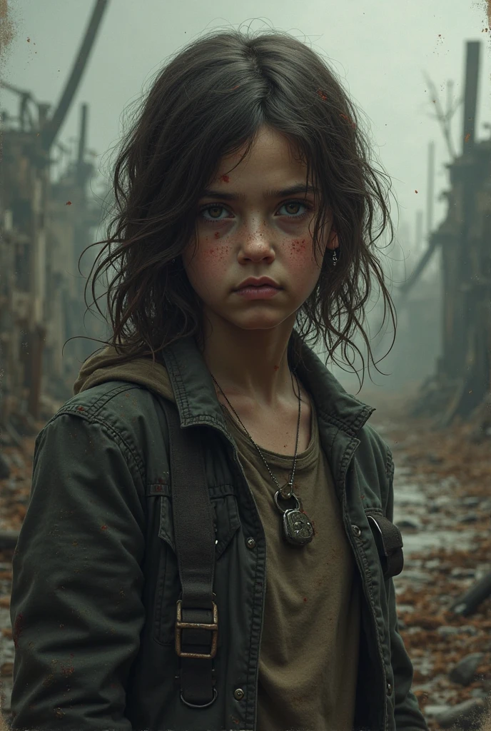 Greta Thunberg&#39;Surreal depictions, 25 years old, Sit sadly, pain, ((dry teardrops)), messy hair, dusty face and cloth,(( A destroyed city in the background, fire, ((Human corpses on the ground)), some people are crying, Destroyed buildings)), A butterfly rests on her index finger, (((She looked at the butterfly，smile slightly))), super detailed, dynamic color, Black and gray tones, Super emotional pictures, Set against a haunting dark background，Surrounded by billowing black smoke. The image should be charming16:9 format."