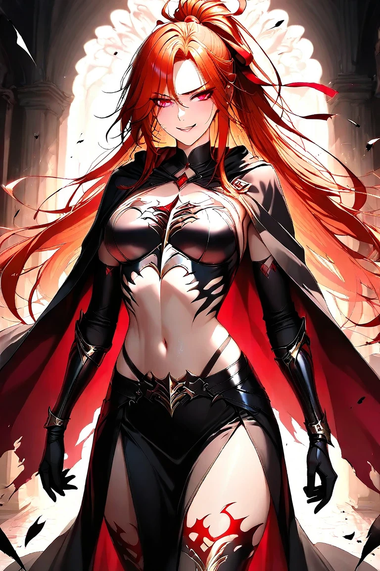 masterpiece, best quality 1girl, solo, beautiful woman, messy bangs, red hair, long hair, hair two side up by black bows , yellow eyes, angry, large breasts, toned stomach, white tank top, long black coat, figureless black gloves, black pants, fantasy looking at viewer, woods background
