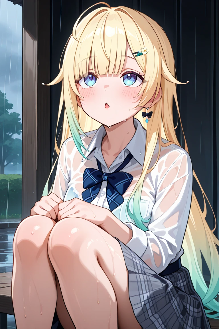 (((night,真night中))),((Dark atmosphere)),((Perfect Anatomy,masterpiece、Highest quality、Ultra - High resolution、High resolution、Highly detailed CG、8K)),Cowboy Shot,((attractive way to sit)),((((Crouching pose)))),1 female,alone,18-year-old、High school girl beautiful girl,Japanese,((Beautiful and graceful face and eyes:1.2,Big beautiful eyes:1.3,)),(Brighten your eyes),((Beautiful woman))、blonde,Long Hair,(Center parted hair:1.4,amount),Medium Chest,((The body is slim)),Small Head:1.3,skinny,(Brown Skin:1.4),(Oily skin,Glowing Skin,Shiny skin,Sweat:1.2),(school uniform、Dark blue blazer jacket、Checkered pleated mini skirt),Dirty back alley、Tokyo、((Turn your body forward))、((((Showing panties)))),(Lonely),((Feeling depressed))、Stick out your crotch、((Urinating、Urinating、Peeing)), (Panties are stained with pee)