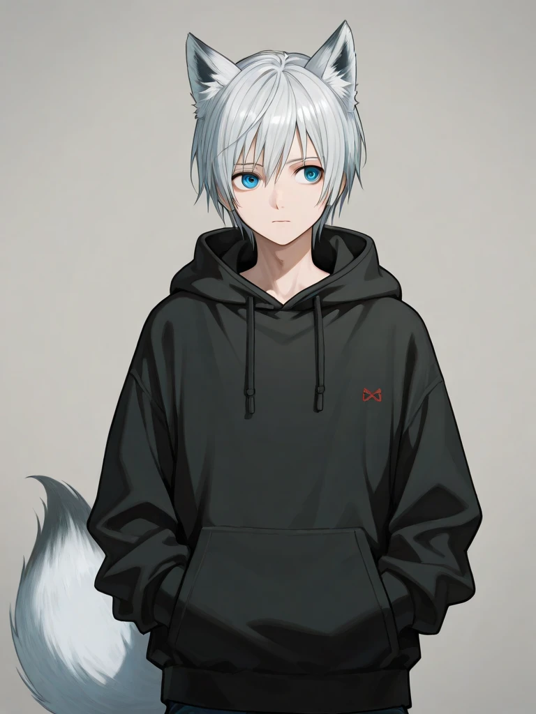 1 male, high resolution 8k, young, handsome, perfect face detail, detailed eyes and face, clean shaved, sixpack realistic, white eyebrow hair, white eyelashes, dynamic lighting, unreal engine, hd picture, satoru gojo, Jujutsu kaisen, white hair, short hair ,hair between eyes ,blue eyes, white skin, fox ears, fox tail, Jacket