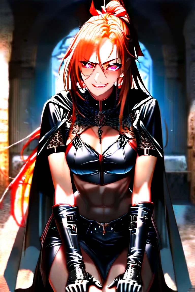 1girl, (shapely body), (solo), 19 years old, hdr, <lora:Hwa_Ryun_V5:0.7>, suit, Hwa Ryun stands in the semi-darkness of a ruined building surrounded by opponents. Her black robe sticks to her body, as if taking on a shadow, and the golden patterns on her mask shine in the dim light. Sharp, elegant blades flash in her hands.