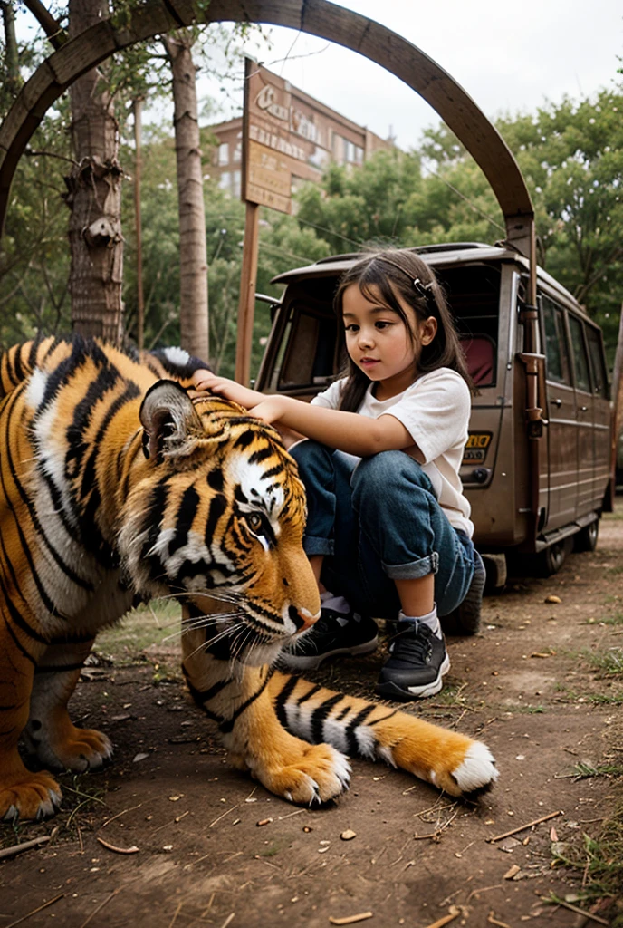 Cute little white girl make tiger his friend