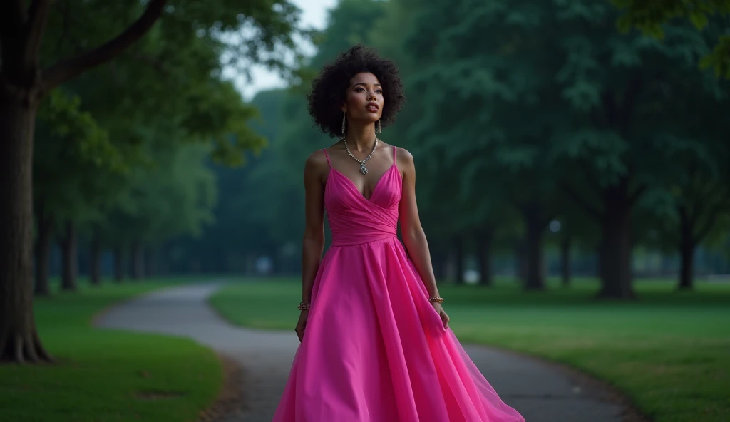 (fotografia de alta qualidade), beautiful young lady (Alicia Keys), (27 anos), long Green dress in pastel tones, o corpo cercado de flores de cerejeiras, standing and posing fantasy in cherry blossom garden, desfoque de profundidade, bokeh, 300 DPI, atmosfera encantadora, foto, 8k, dynamic action,