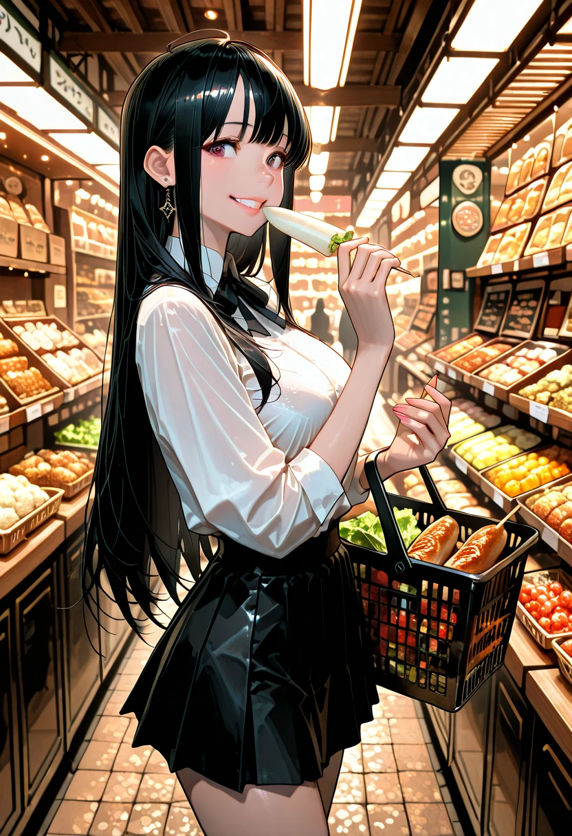 Beauty mother-in-law Height difference shopping Supermarket Black Hair Straight long hair beret White knitted sweater Mother and daughter have beautiful breasts mini skirt clear