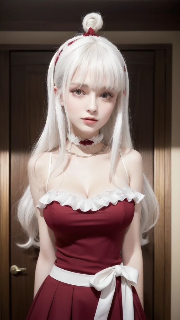 highest quality、masterpiece、(realistic:1.1), (((20-year-old, , Very cute face)))、super long straight hair、white hair color, bangs between the eyes、white skin、glowing skin、 princess dress, frontage、detailed face、so beautiful、Sparkling vivid purple eyes、(bright look:1.1)、 Winter Vivid and sharp focus, (((ginormous chest))),looking at the viewer, top-quality、超A high resolution、a red dress、large full breasts,
