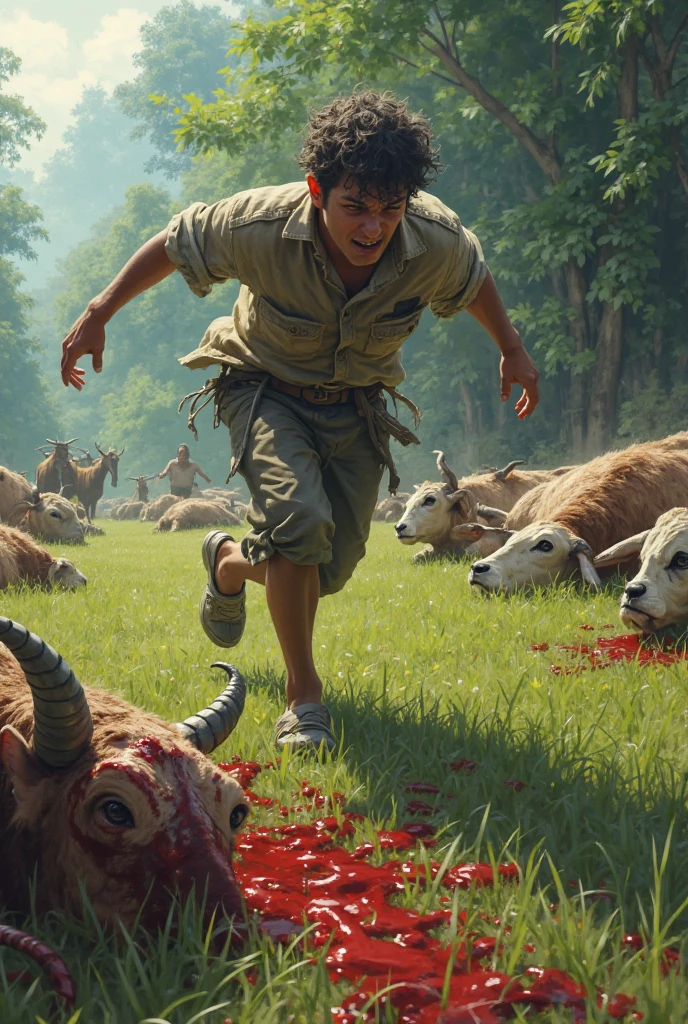 A bloody ancient teenage boy, trapped on the edge of a ravine and surrounded by many waiting bloody bison, below the ravine there is a rushing river, chaotic atmosphere, no blur, very realistic, realistic texture, 16:9 ratio