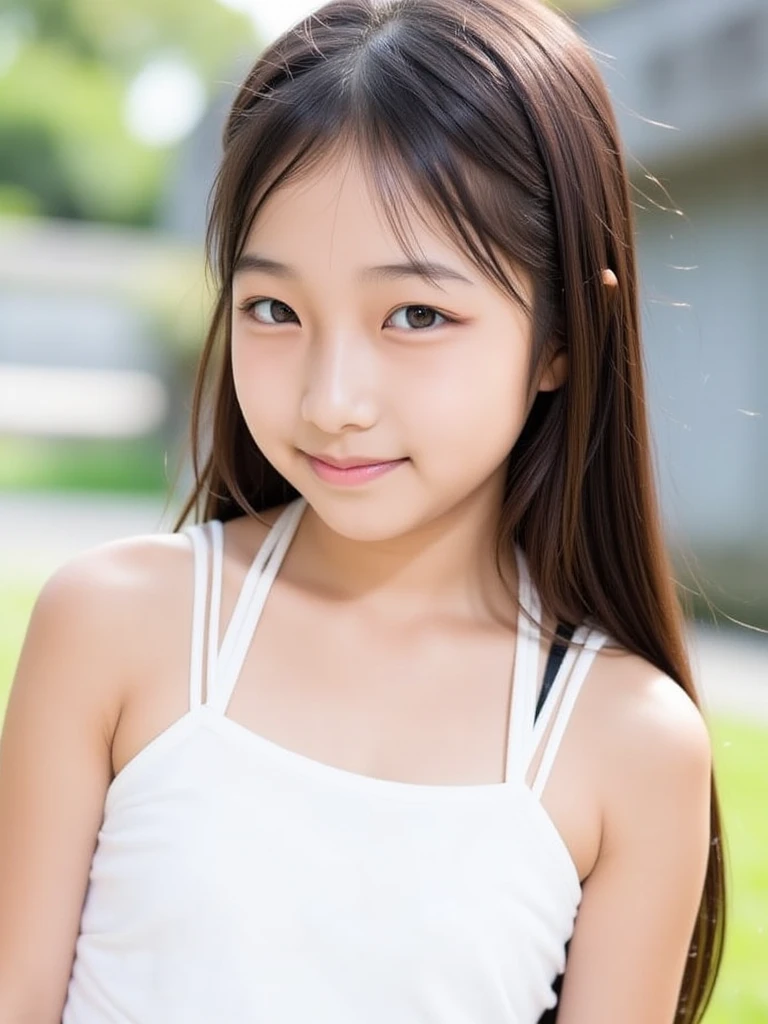 Neat and clean schoolgirl, petite person, (Yellow Mini Dress, pantiy), (slim, Small, Flat, Small), A dark-haired, Photorealistic, detail, Skin Texture, Ultra Detail, Wear sandals, delicate sexy collarbone, Smile, Super Detailed Face, Detailed lips, Detailed eyes, 10years old girl、Delicate eyebrows、Ball bokeh background、(Looking at the photographer)、colourfull、