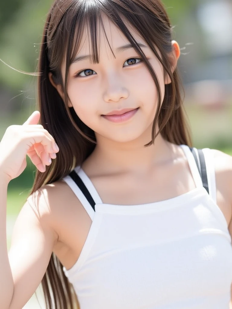 Lens 135mm f1.8, (highest quality),(RAW photo), , (Beautiful 16 year old Japanese girl), cute face, (deeply carved face:0.7), (freckles:0.6), ,dramatic , (japanese school (croptop) light_brown tanktop), (inside the school), shy, low twintails, , (smile),, (sparkling eyes)、(standing), (body forward), Facing forward、