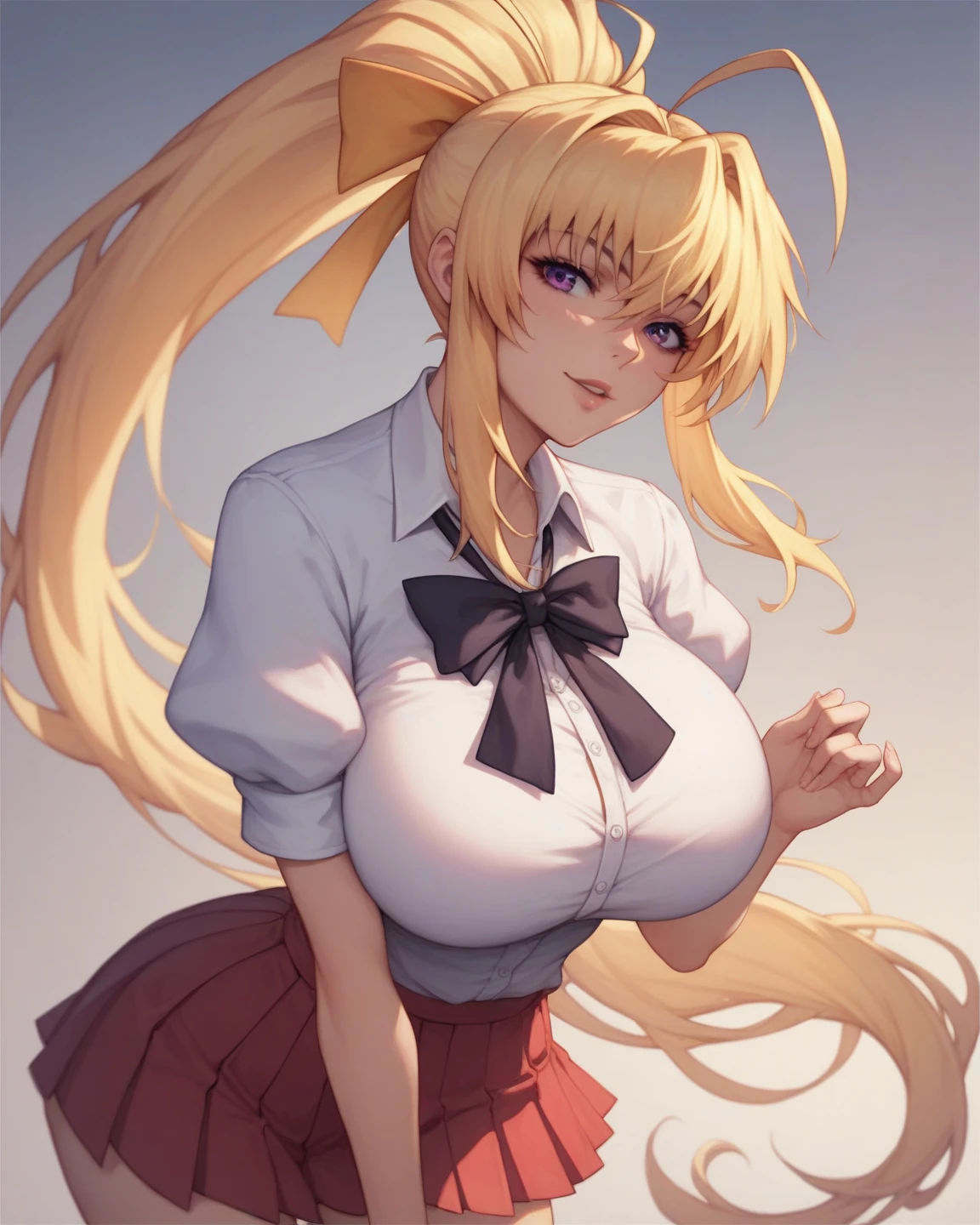 Simple White Background,
dynamic pose,standing at attention,
red bowtie, ,cardigan, collared shirt, white shirt,long sleeves,
blue eyes, blonde hair,bangs,twintails, hair ornament,
1 girl, 20yo,Young female,Beautiful long legs,Beautiful body,
Beautiful Nose,Beautiful character design, perfect eyes, perfect face,expressive eyes,perfect balance,
looking at viewer,(Focus on her face),closed mouth, (innocent_big_eyes:1.3),(Light_Smile:1.3),
official art,extremely detailed CG unity 8k wallpaper, perfect lighting,Colorful, Bright_Front_face_Lighting,White skin,
(masterpiece:1.0),(best_quality:1.0), ultra high res,4K,ultra-detailed,
photography, 8K, HDR, highres, absurdres:1.2, Kodak portra 400, film grain, blurry background, bokeh:1.2, lens flare, (vibrant_color:1.2),professional photograph,
(Beautiful,large_Breasts:1.4), (beautiful_face:1.5),(narrow_waist),