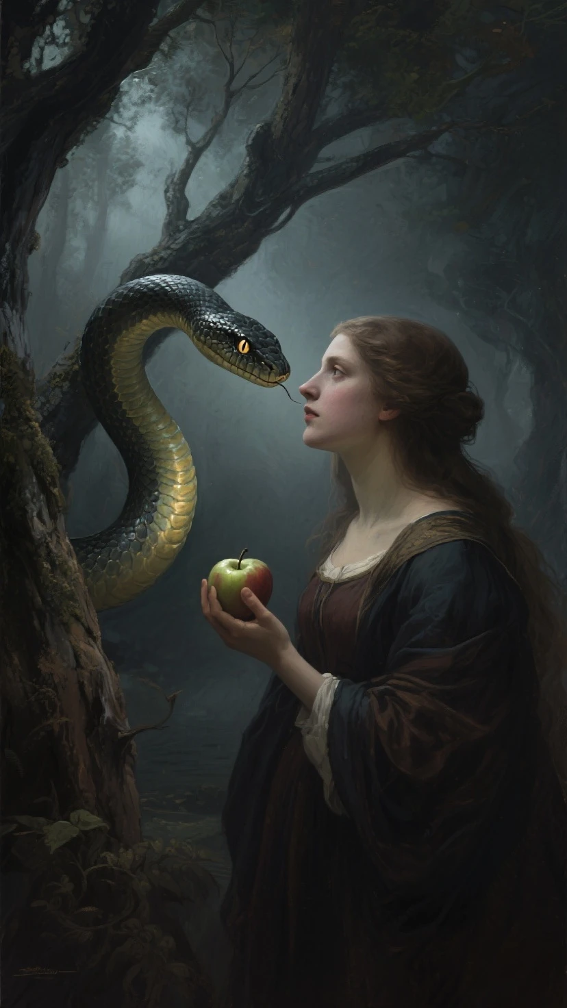 a woman (EVA) eating a Apple, with a Snake in the background im Paradies 
