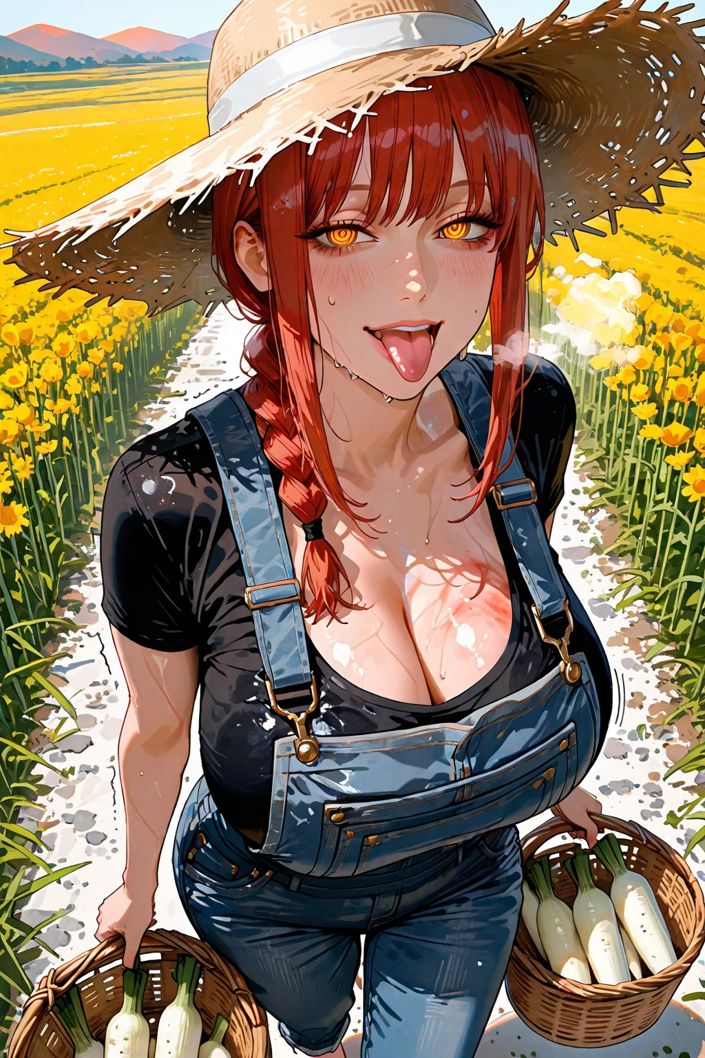 [nudity, explicit] (High quality, High resolution, Fine details), Realistic, (Straight road), (tall cornfield), (naked:1.3), (overalls), solo, curvy women, Red hair, sparkling eyes, (Detailed eyes), smile, blush, Sweat, Oily skin, shallow depth of field