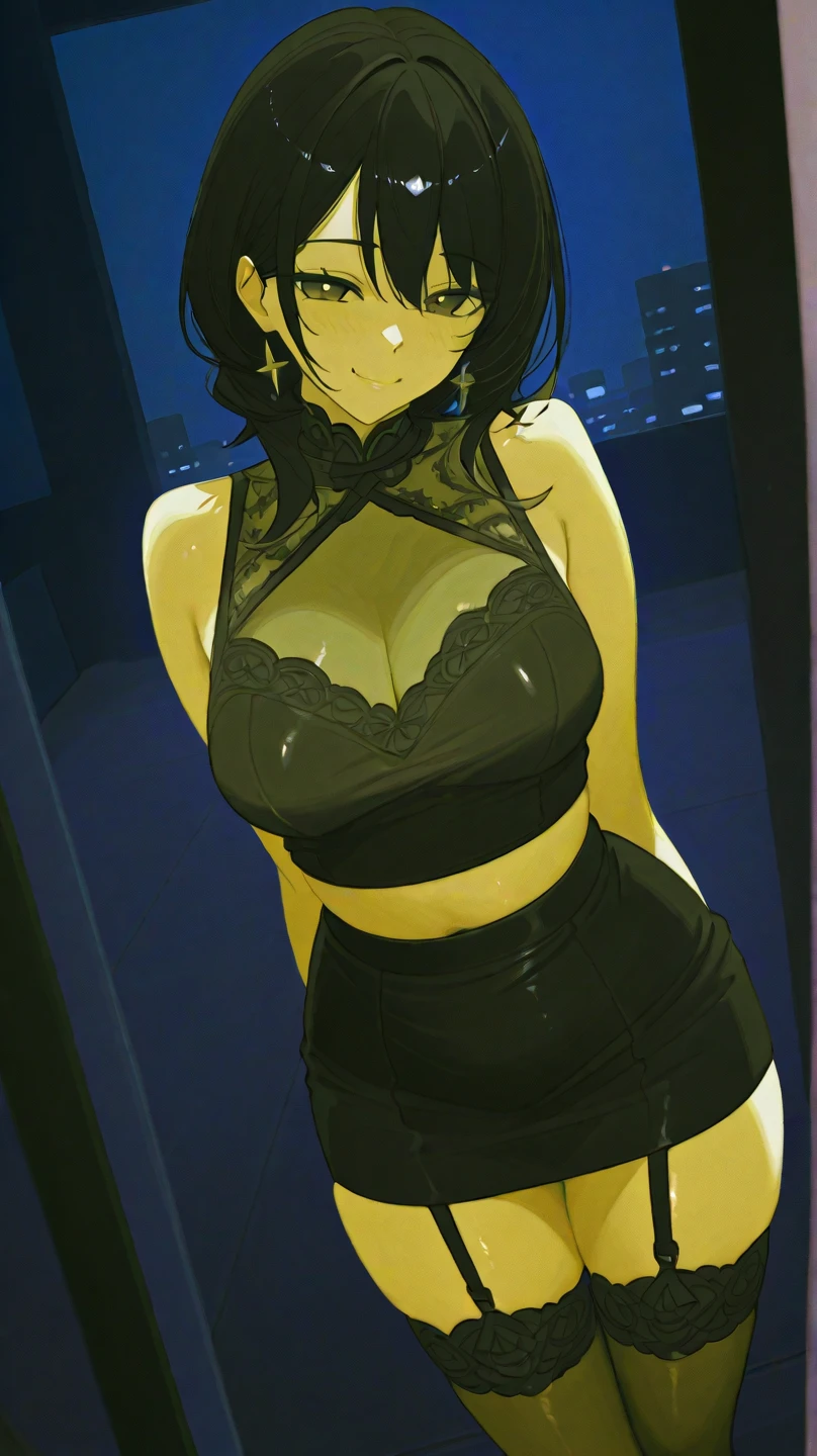 Busujima Saeko, teen, lace thong, through thong, lace bra, pechos grandes, through bra, bedroom, front, atardecer