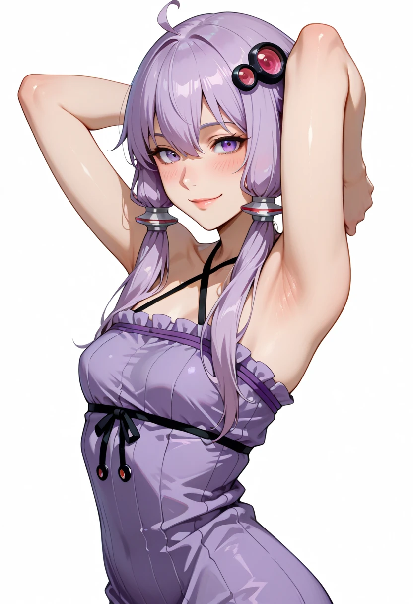 Entrapta, smiling, embarrassed, long purple hair, twin ponytails, red eyes, wearing tube top, wearing booty shorts