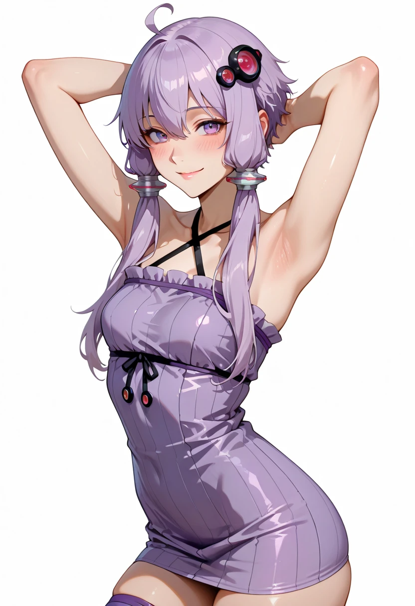 (musterpiece), (best quality), (score_9, score_8_up, score_7_up), very detailed eyes, expressive eyes, perfect face, very detailed face, highly detailed face, beautiful girl, 8K, beautiful girl, (white background:1.3), delicate and beautiful face and eyes, dark intense shadow, 1 girl, solo, vtuber style, cool girl, Nijisanji, Rindou Mikoto, oni horn, low twintails, see-through:camisole, oversized white camisole, big white camisole, off the shoulders, Healthy slim body, small chest, soft chest, cleavage, clavicle, cameltoe, half-closed eyes, sleeping, breathing, ass visible through thighs, (whole body), sleeping face, lying on back, lying on bed, arm up, arm on forehead, armpit, look up, light smile, one knee up, from below, pov chest,