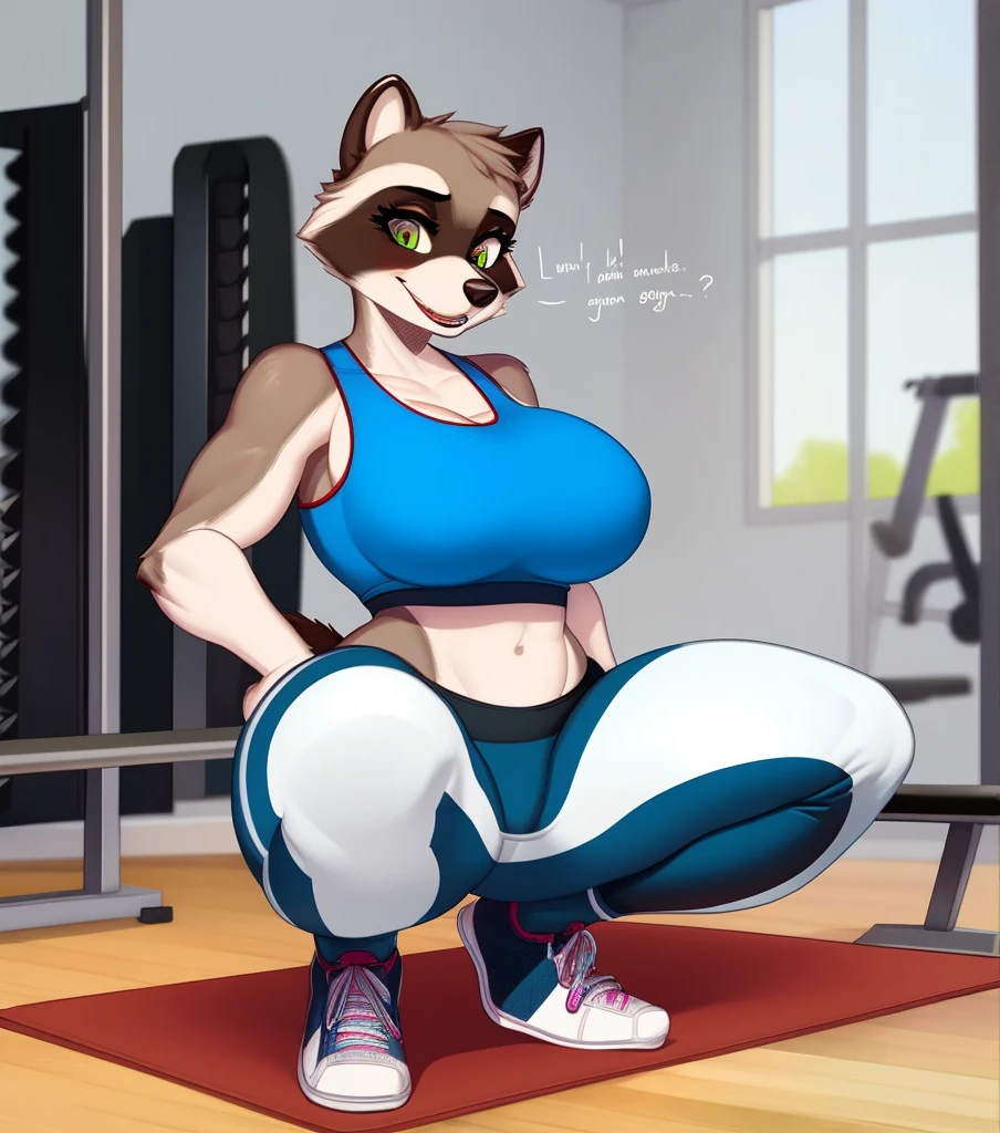 Anthro, nsfw ((wearing purple sports jacket)), wearing pruple yoga pants, hi res, high resolution, (((judy hopps))), solo, female, cleavage, detailed face, e621, detailed hands, detailed eyes, gym background, smile, huge breasts, raw photo, wallpaper, 4k, 8k, masterpiece, art, squatting, low angle